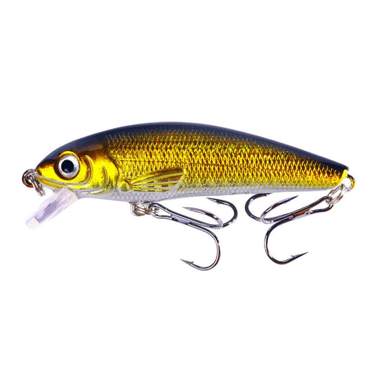 Yellow floating minnow lure with dark blue head, round blue eye, clear lip, treble hooks.