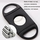 Black steel cigar crusher with oval cutout and silver double-edge blade