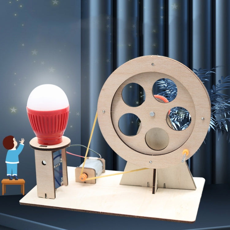 Wooden hand generator puzzle on platform with red bulb and circular wheel detail