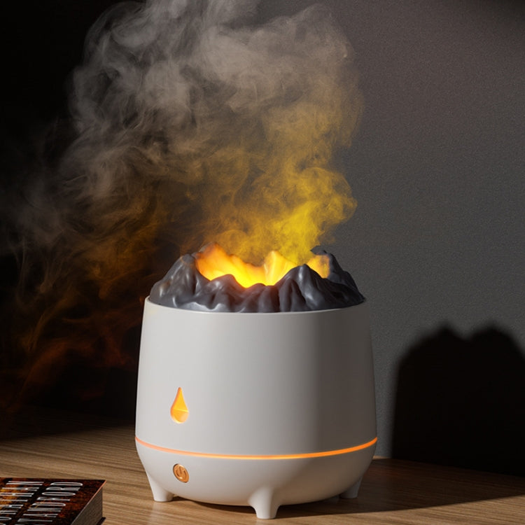 White simulation flame humidifier with mist cloud and warm orange glowing flame light
