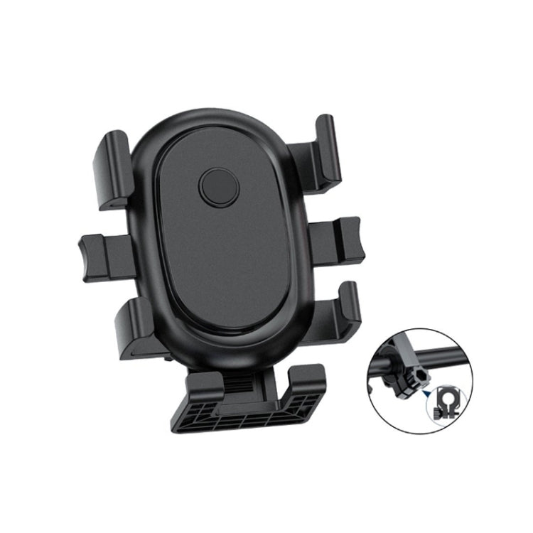 Black motorcycle phone holder with adjustable clamp arms and oval center mount