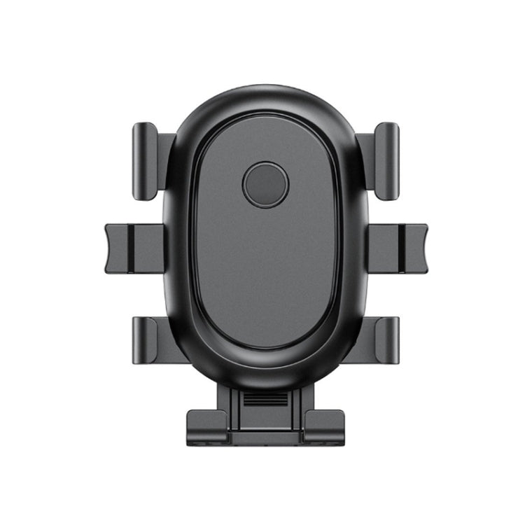 Black motorcycle phone holder front view with oval mount and four supporting clips