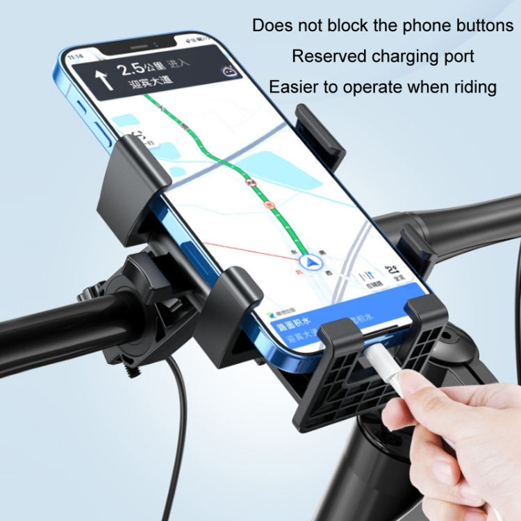 Black motorcycle phone holder with accessible phone buttons and charging port