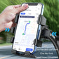 Black motorcycle phone holder with one-key lock, phone mounted securely for riding