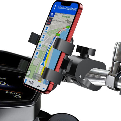 Black bike phone holder with adjustable clamps and rotating mount for handlebars