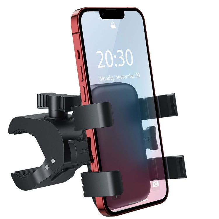 Black mobile phone holder with cradle clips, adjustable arm, and handlebar clamp