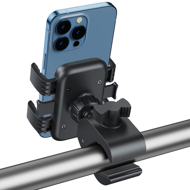 Black clamp-style phone holder with cradle pads and support arm for bike bars
