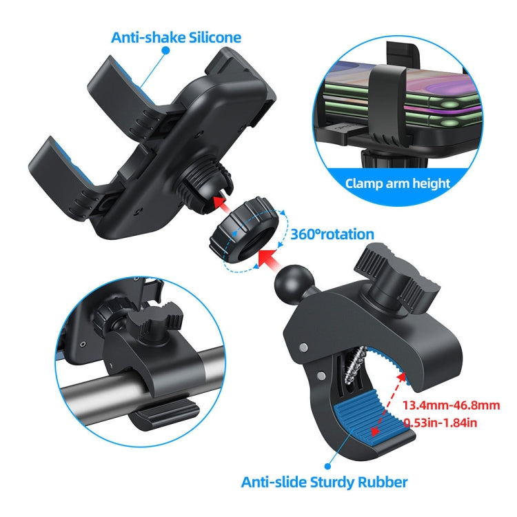Black bike phone mount with silicone grip pads and anti-slip clamp arms