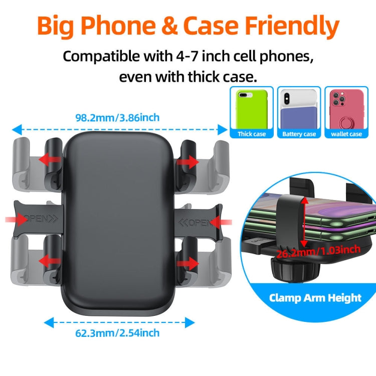 Black phone holder with wide cradle fit and adjustable clamp spacing for cases