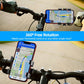 Black bike phone holder mounted on handlebars holding a smartphone while riding