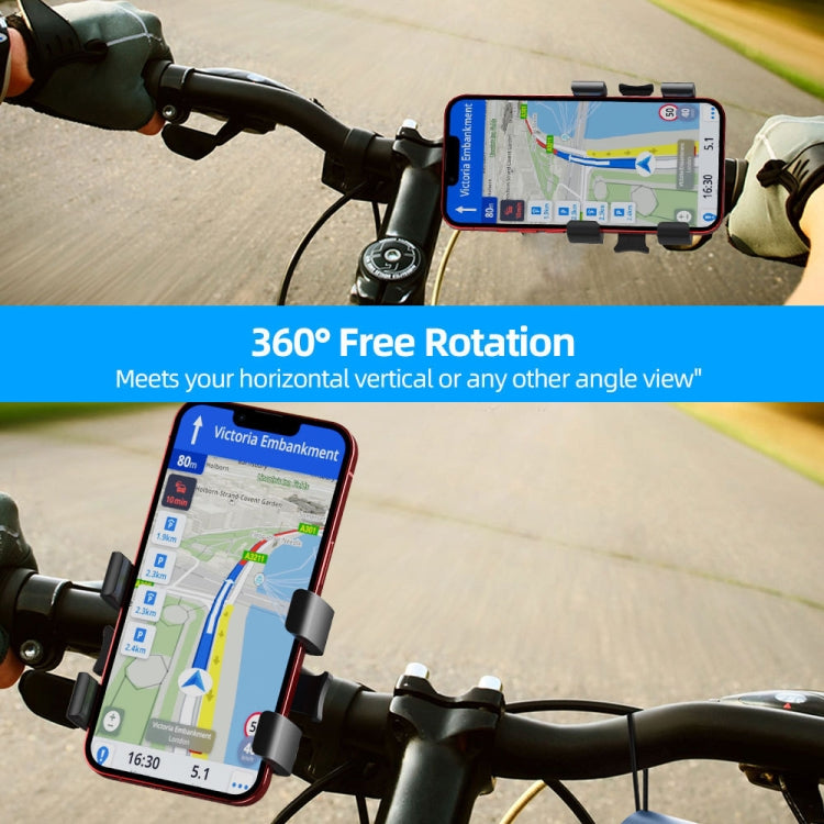 Black bike phone holder mounted on handlebars holding a smartphone while riding