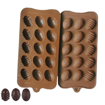 Brown silicone egg chocolate mold with 15 cavities and mini egg pieces