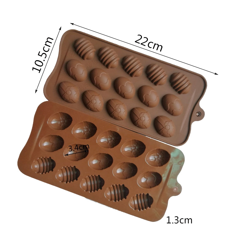 Brown silicone egg chocolate mold with 15 cavities, shown with size markings