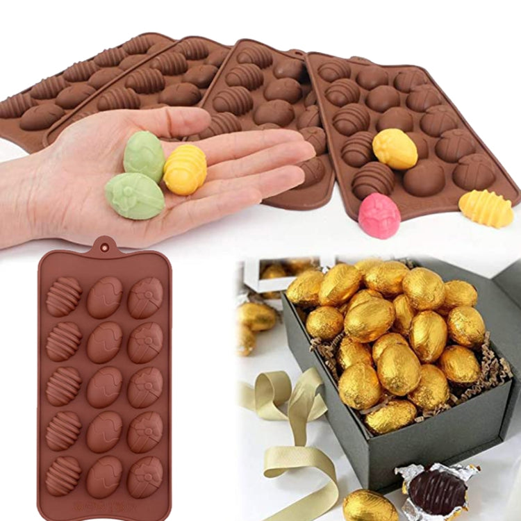 Brown silicone egg chocolate mold with 15 cavities and colorful filled egg shapes