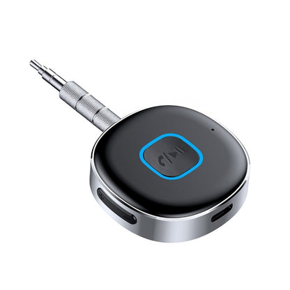 Wireless Bluetooth AUX receiver with 3.5mm plug and round blue-lit control button