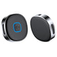 Bluetooth AUX receiver with round casing, blue-lit button, side ports and metal rim