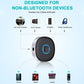 Round Bluetooth AUX receiver with blue-lit control button and 3.5mm jack