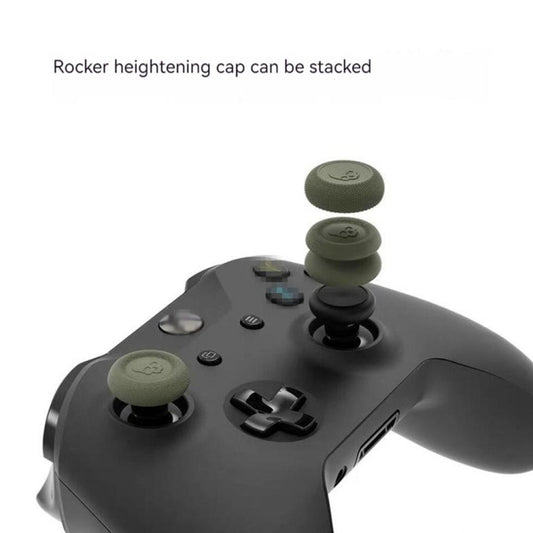 Game controller with stacked rocker heightening caps in dark olive green