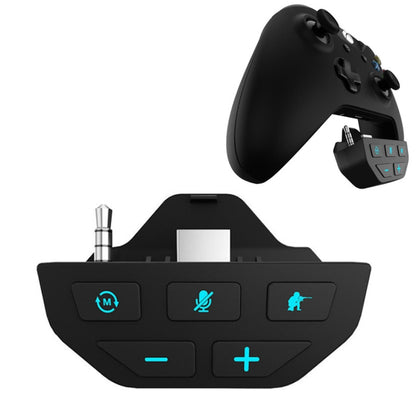Black gamepad sound enhancer adapter with 3.5mm plug and +/– volume buttons