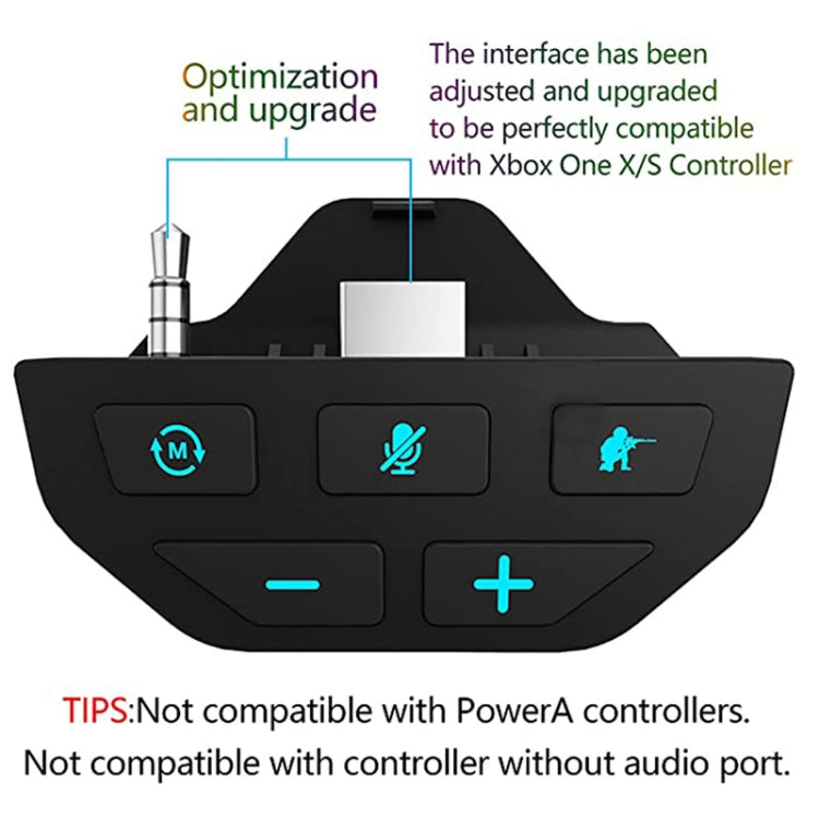 Black gamepad sound enhancer adapter with 3.5mm plug and four function buttons