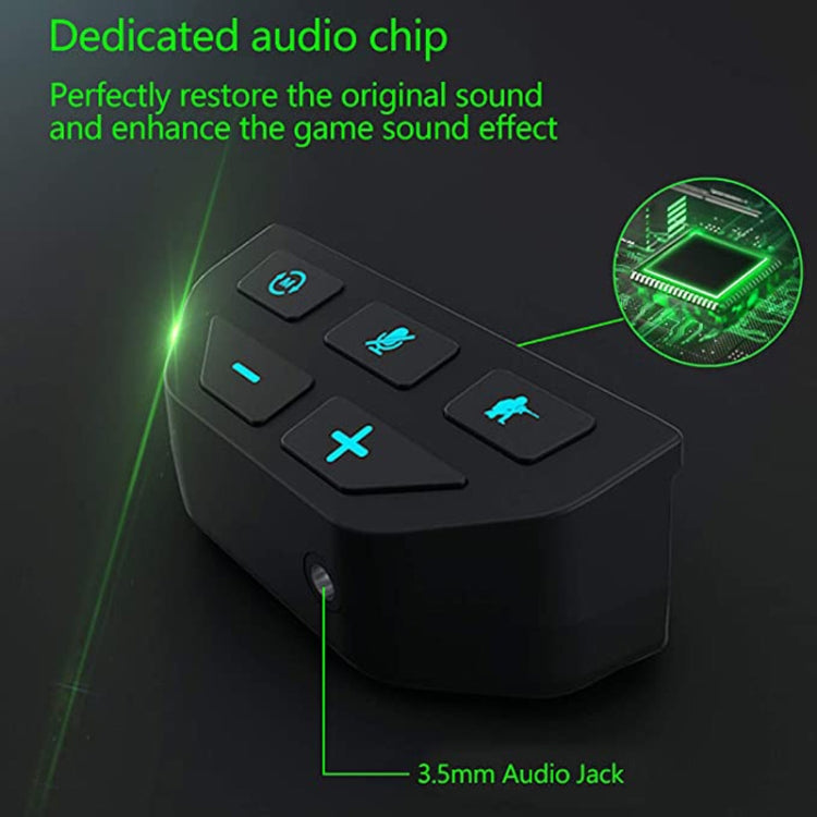 Close-up black gamepad sound enhancer module with 3.5mm audio jack and controls