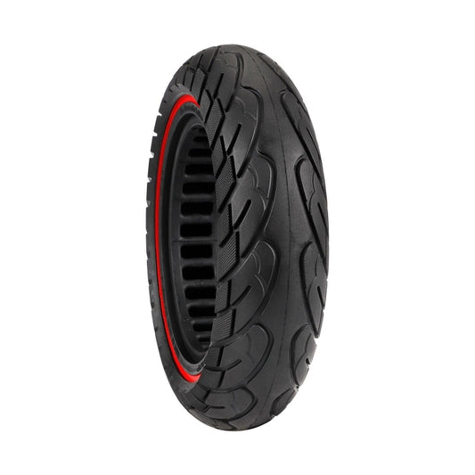 10 x 2.5 in solid rubber scooter tire side view, black tread with red edge line