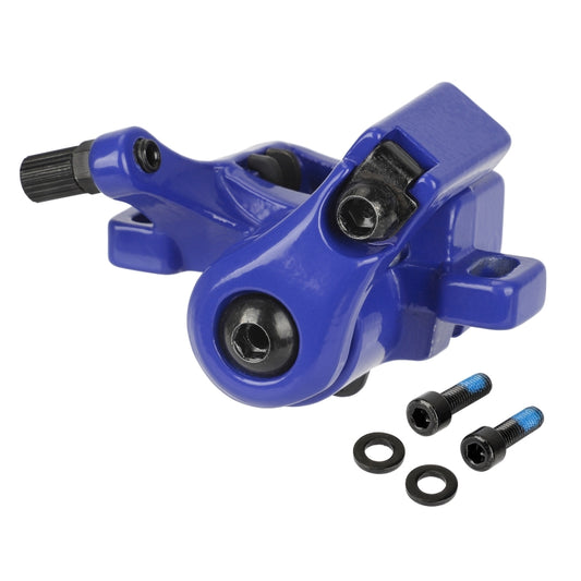 Blue rear disc brake caliper with mounting bolts and washers
