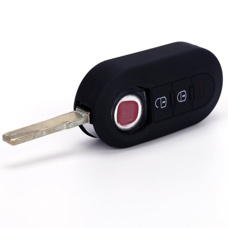 Black silicone 3-button folding key fob case with red lock button and key blade
