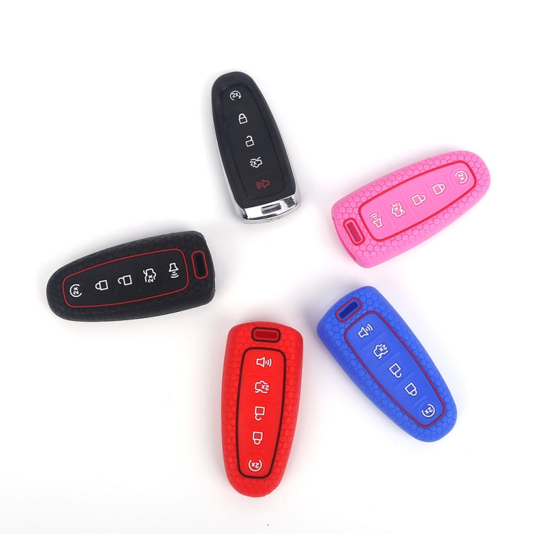 Set of silicone key fob cases for 5-button remotes in black, red, pink, and blue