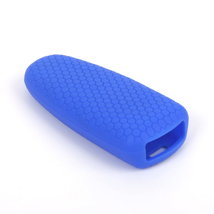 Blue silicone key fob case for 5-button remote, textured grip and side button opening