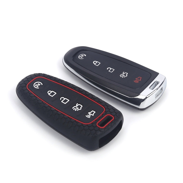 Two silicone key fob cases for 5-button remotes: black with red trim, and black key cover