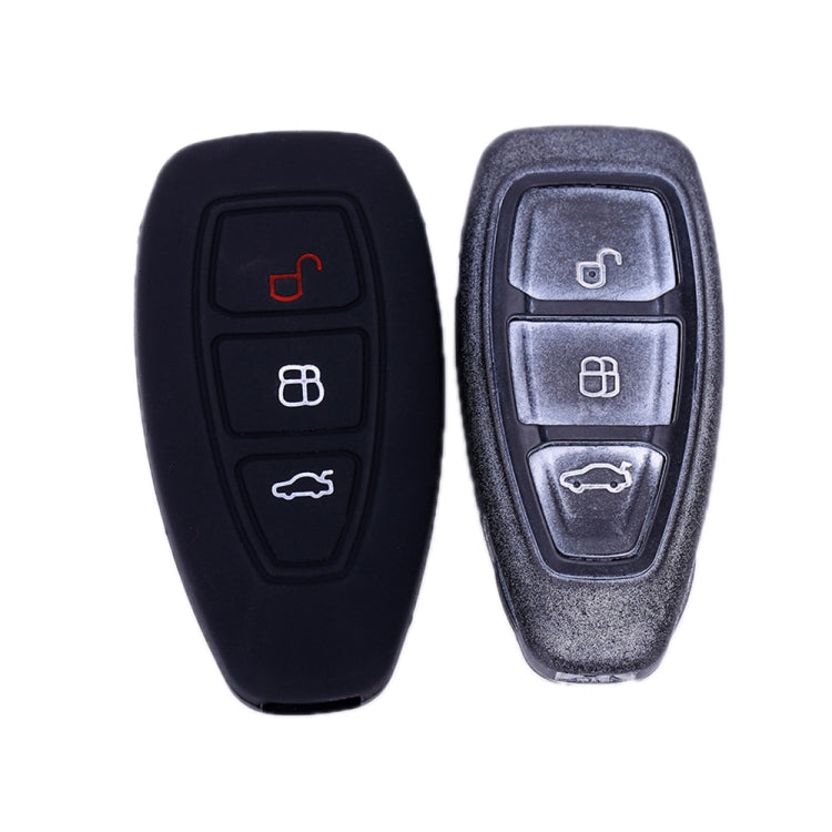 Folding key fob cover, black with three button icons, front and back view