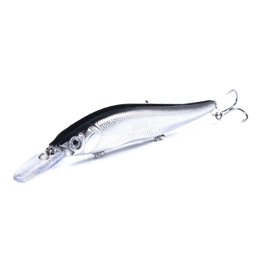 Floating long-casting minnow lure, white body with black top, silver belly and crank hooks