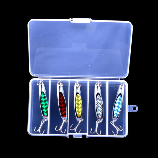 Fishing lure set: five metallic sequin spoon lures with treble hooks in clear box