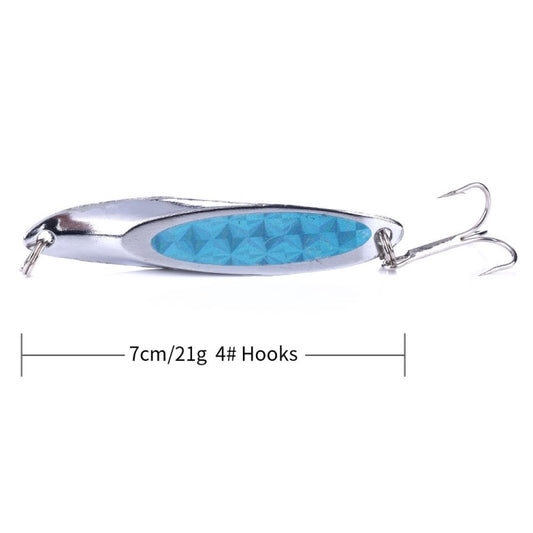 Metal sequin spoon lure with blue patterned insert and two treble hooks