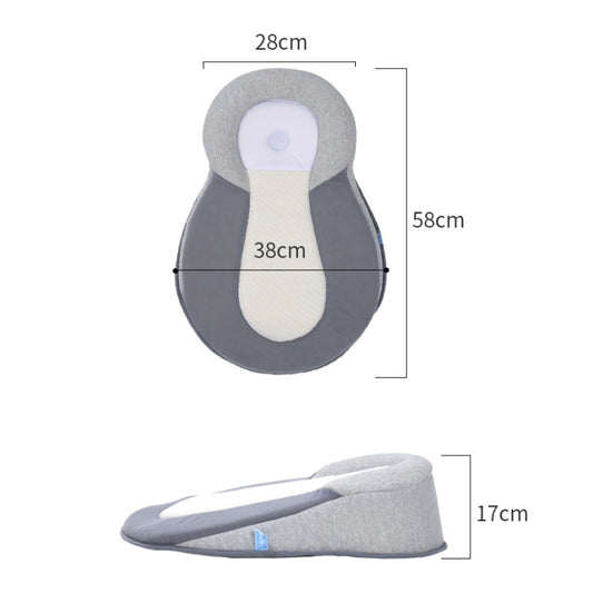 Gray lying nursing pillow shown with size measurements for length and height