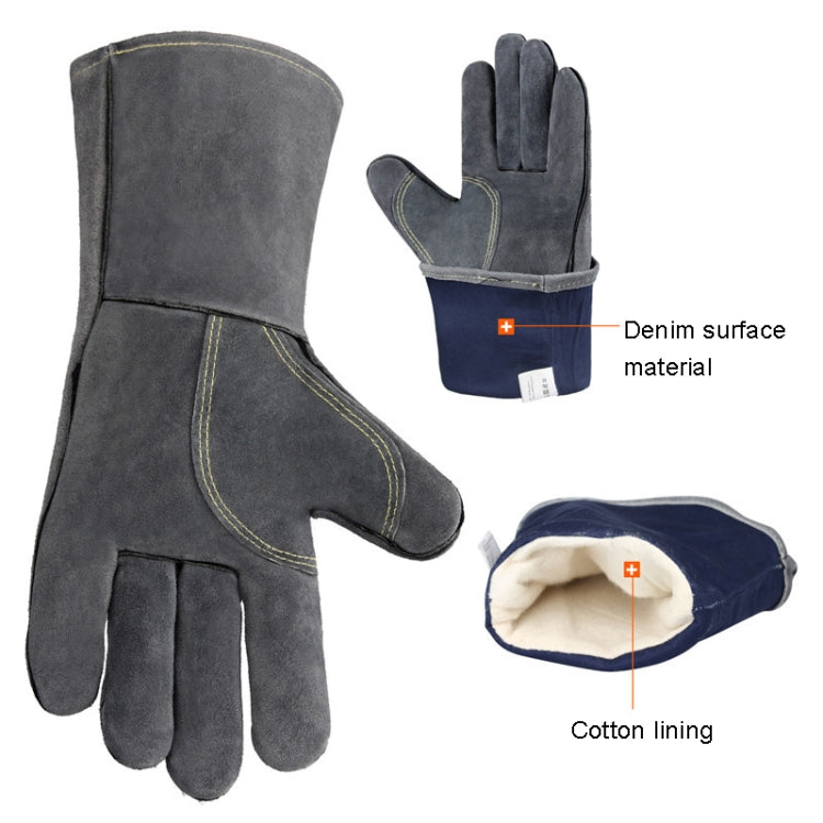 Grey insulated BBQ gloves, one showing cotton lining and denim surface panels