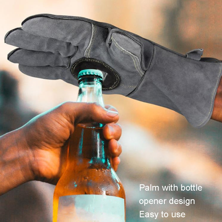Grey heat-resistant BBQ gloves with thumb bottle-opener style cutout