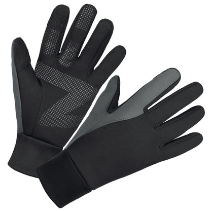 Pair of black cycling gloves with open fingertips and grippy dotted silicone palm
