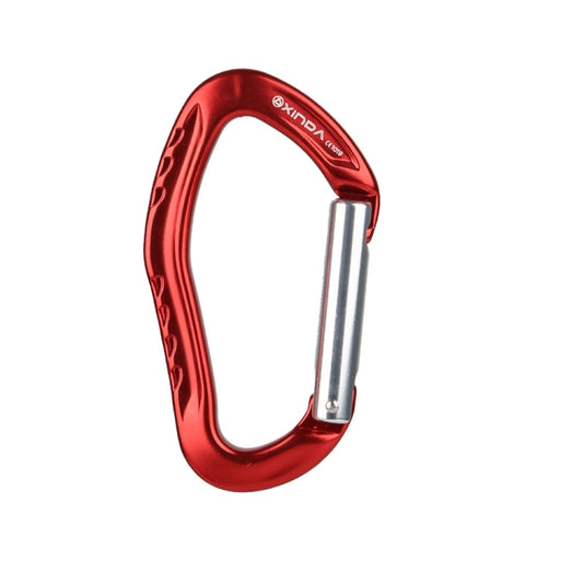 Red aluminum carabiner with spring-loaded straight gate for rock climbing quickdraw