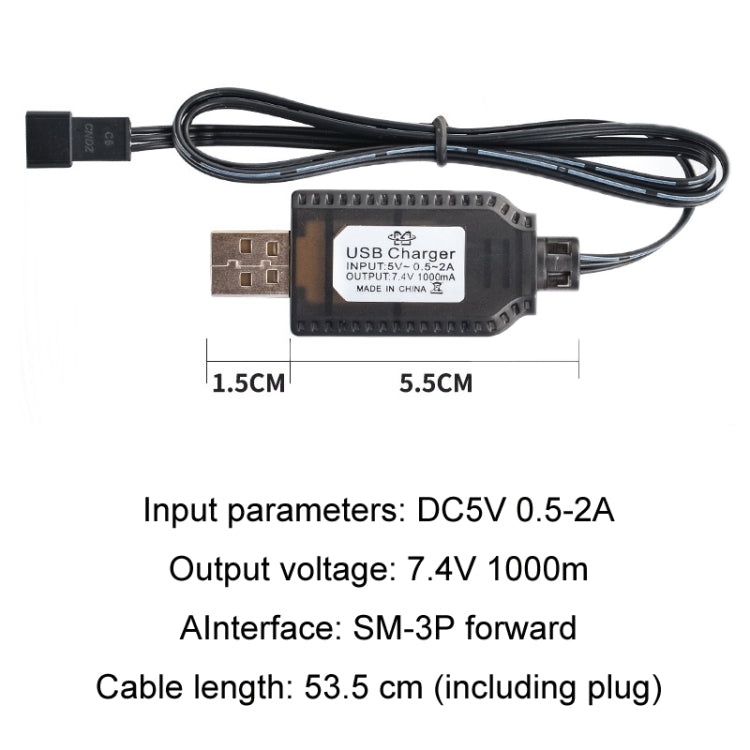 USB charger module with inline electronics and black cable, shown with battery connector