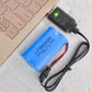 Lithium battery charging cable with black controller module, USB plug, and connected battery pack