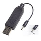 USB charging cable with black controller housing and barrel plug on leads