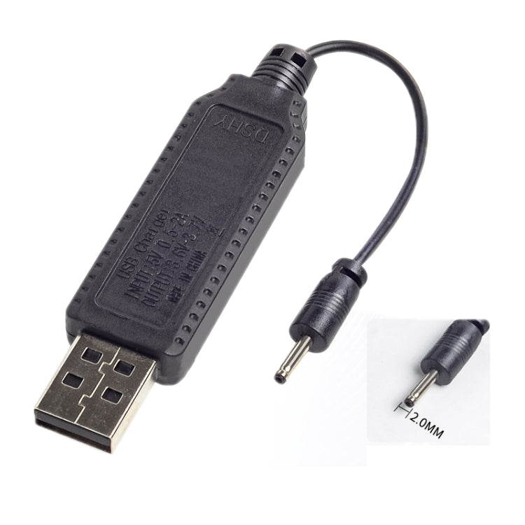 USB charging cable with black controller housing and barrel plug on leads