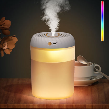 White double-nozzle humidifier releasing steam with warm ambient light glow