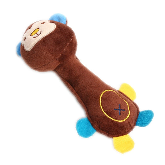 Brown plush monkey-shaped dog teething toy with sound button and blue/yellow feet