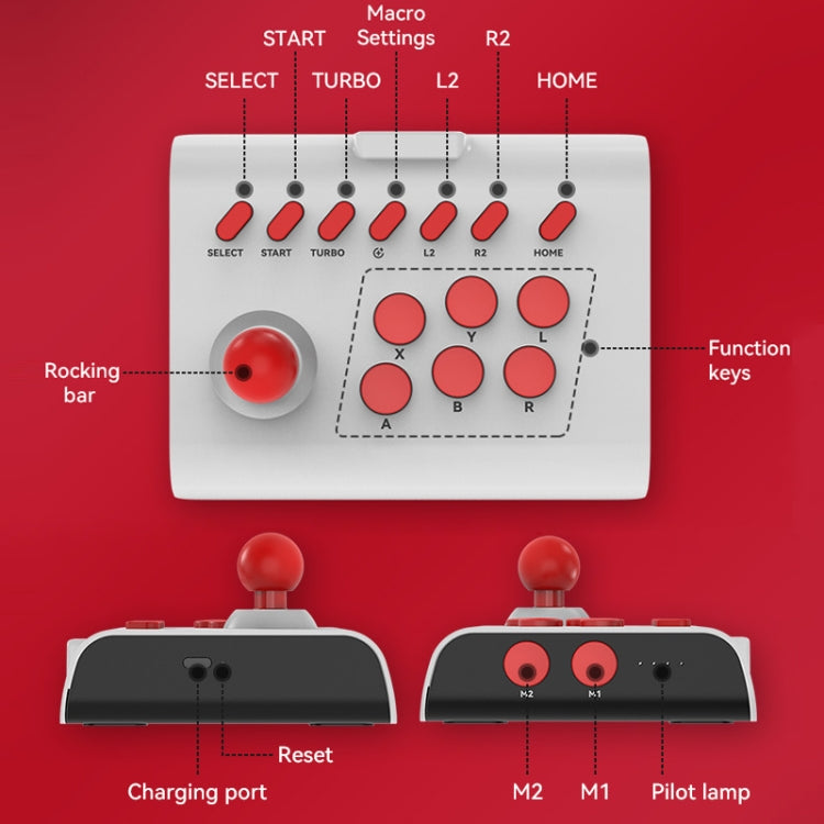 White and red joystick gamepad top view with red buttons and D-pad controls