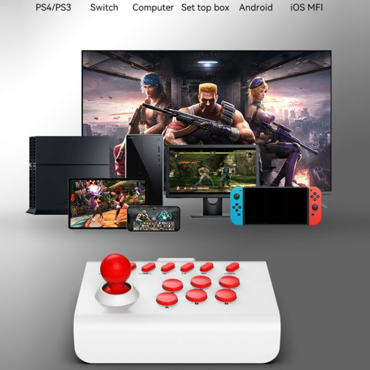 White and red joystick gamepad in front of gaming consoles and handheld screens