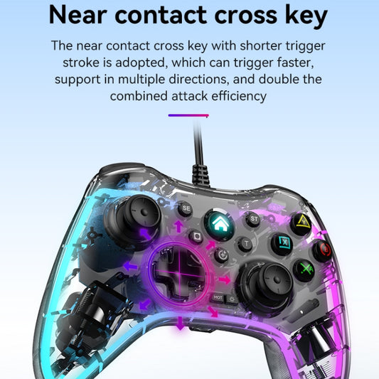 Wired transparent gamepad face with black analog sticks and purple-blue illuminated controls