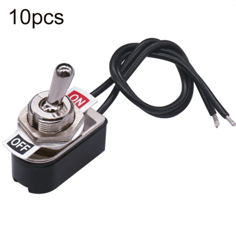 Mini toggle rocker switch with two wires, black base and metal ON/OFF lever